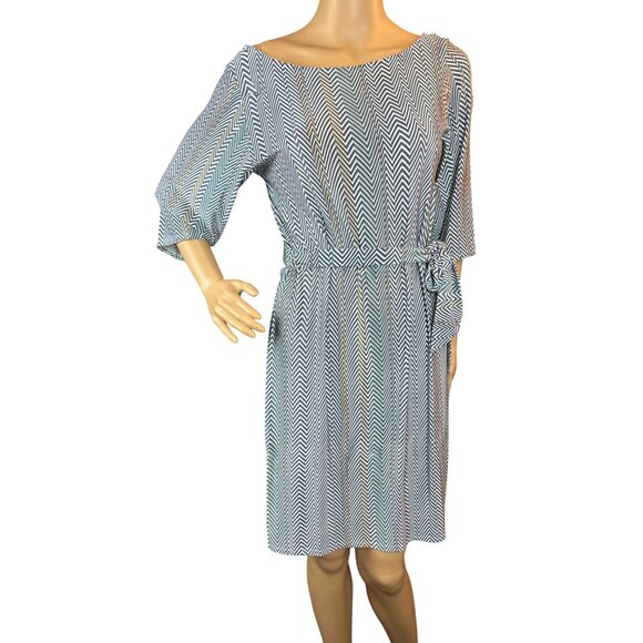 Leota Womens Belted Swing Dress Small Navy/White Chevron Nautical Old Money - Picture 2 of 5